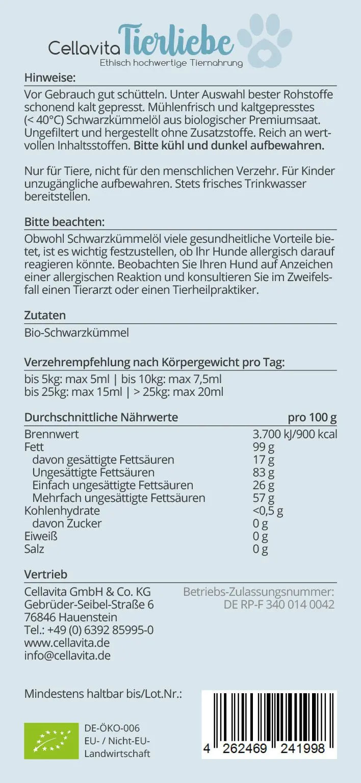 Bio-Schwarzkümmelöl Tier, 250ml